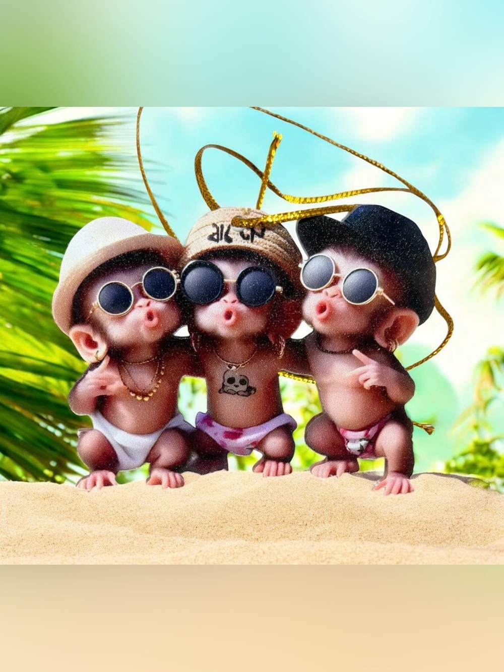 3D-Look Baby Monkeys Beach Acrylic Hanging Ornament NEW